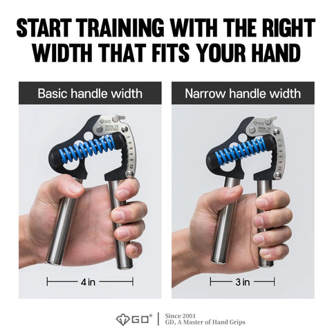 Adjustable Hand Grip Strengthener With 44 To 154 Lbs Resistance, Premium Forearm Trainer showing basic and narrow handle widths in hand