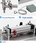Horizontal Pneumatic Liquid Filling Machine Stainless Steel Single Head Bottle Filler with anti-drip head and foot switch.