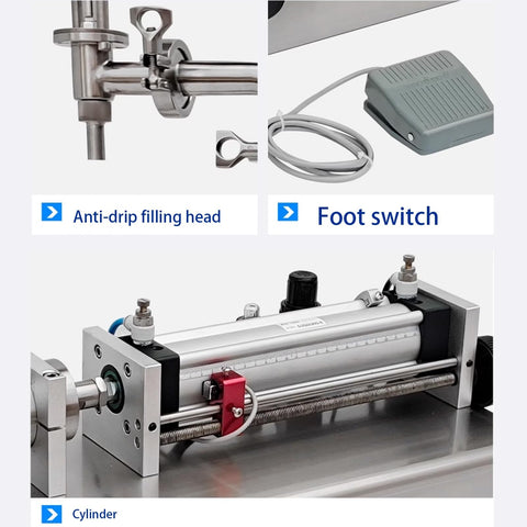 Horizontal Pneumatic Liquid Filling Machine Stainless Steel Single Head Bottle Filler with anti-drip head and foot switch.