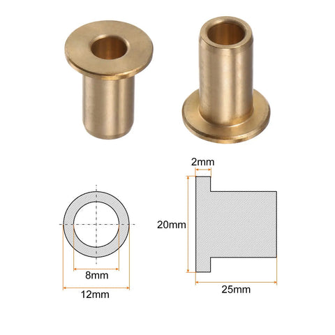 Two Pack Bronze Flange Bearing Sleeve Bushing With 8mm Bore And 12mm OD, 25mm Long, 20mm Flange Dia, 2mm Flange Thick, Self Lubricating