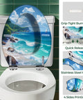 Elongated Toilet Seat Cover Quiet Close Easy Clean for Home with ocean view design and stainless steel hinges.
