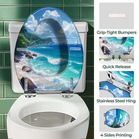 Elongated Toilet Seat Cover Quiet Close Easy Clean for Home with ocean view design and stainless steel hinges.