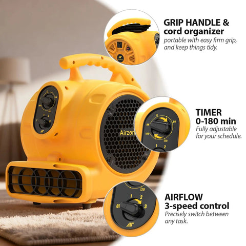 Heavy Duty Floor Blower Beast With 1100 CFM 1/4 HP 200W 115V For Carpet Drying And Water Damage Restoration, controls view