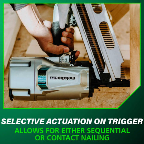Person using Framing Nailer With High Grade Aluminum Magazine For Tough As Nails Performance Jam Free Pneumatic Tool