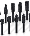 10 Pack Woodworking Twist Drill Bits Set with 6.3mm Shank, Durable 1045 Steel Black Oxide, 58mm Total Length in various shapes.