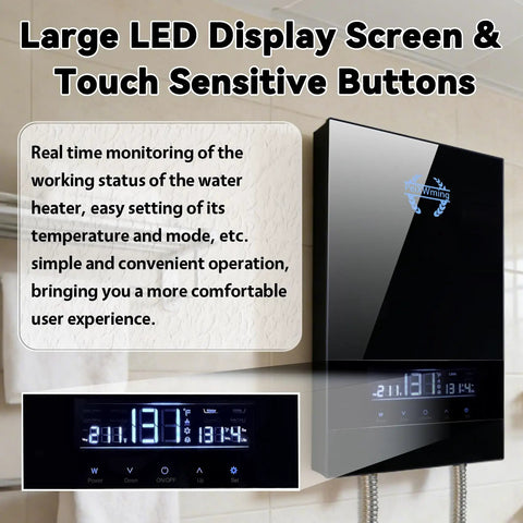 Top Shelf 14kW Electric Tankless Water Heater Pumping Out Quick 240V On Demand Hot Water At Two Point Eight Five Gpm With Lightning Fast Heating And Zero Wait Times For Kitchen Uses, showing large LED display and touch sensitive buttons.