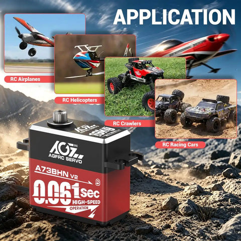 Premium Brushless Digital RC Servo Motor Engineered For 1/10 Buggies With Totally Customizable Speed Profiles And Pulls Serious Torque Hella Lightning Fast 0.061 Second Response Time showcased with RC airplanes, helicopters, crawlers, and racing cars.