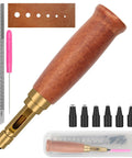 Heavy Duty Brass Leather Hole Punch With A Comfy Wooden Handle Ships Fully Loaded With Six Precision Drill Bits Plus Ruler And Needle for precise leather crafting.