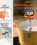 Digital Candy Thermometer With Pot Clip And Rotating Screen Deep Fry Oil Thermometer With Upgraded Silicone Insulation Cap For Accurate Frying Hands Free Readout And Easy Temperature Tracking orange 304 steel probe clipped to a pot