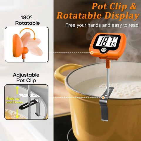 Digital Candy Thermometer With Pot Clip And Rotating Screen Deep Fry Oil Thermometer With Upgraded Silicone Insulation Cap For Accurate Frying Hands Free Readout And Easy Temperature Tracking orange 304 steel probe clipped to a pot