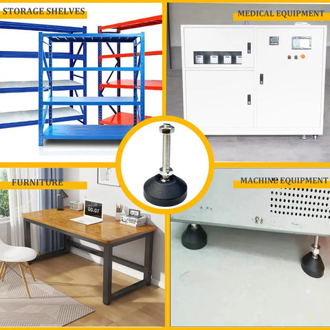 Bulletproof Heavy Duty Adjustable Furniture Levelers for tables, including rubber base and M8 x 4 threaded steel studs.