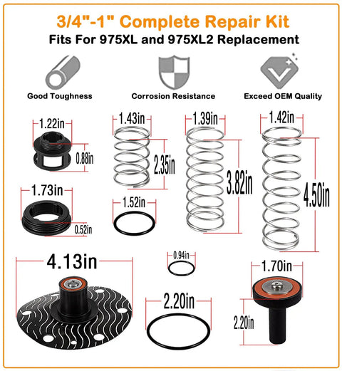 3/4 To 1 Inch Backflow Repair Kit For 975XL 975XL2 Replacement - Complete RP Backflow Preventer Repair Set dimensions and components