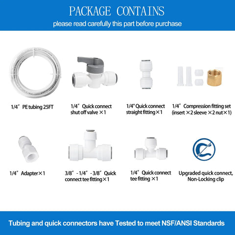 Ice maker water line kit with 25 ft 1/4 in PE tubing and quick-connect fittings.