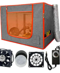 Dual Placement Resin 3D Printer Enclosure Tent With Adjustable Ventilation Exhaust Fan Kit for resin printers, side view with accessories