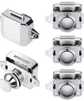 Five Pack Push Button Cabinet Latch Locks for RVs and Home in zinc alloy silver finish, displayed from multiple angles.