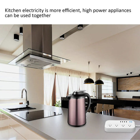 Smart Power Strip With Surge Protection Four Heavy Duty Outlets And Fast Usb Charging Ports For Home Office Tech Flex and Smooth Operator Setup in modern kitchen.