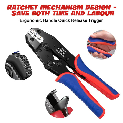 Six Piece Ratchet Wire Crimping Tool Set With Six Chrome Dies For Heat Shrink Terminals Insulated Nylon Ferrule Wire End Non Insulated Open Barrel Terminals Solar Connectors And Storage Box, ratchet handle