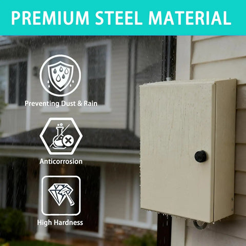 Heavy Duty Carbon Steel Electrical Enclosure 10x8x6 Inch IP66 Waterproof Metal Junction Box mounted on wall in rain.