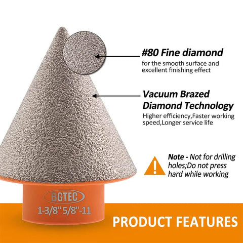 Diamond Beveling Chamfer Bit 3 Inch 75mm With 5/8-11 Thread, vacuum brazed technology, fine diamond for smooth surface, product features.