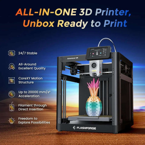 Fast 3D Printer AD5M With 1 Click Auto Calibration CoreXY Precision, displaying pineapple vase print, ready for use.