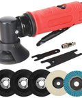 Beast Of A 2 Inch Air Angle Die Grinder Kit With 90 Degree Pneumatic Polisher Sander And Engraving Mill Includes Sanding Discs Low Air Consumption 15000 RPM Ergonomic Grip For Quick Metal Grinding, tools and discs displayed