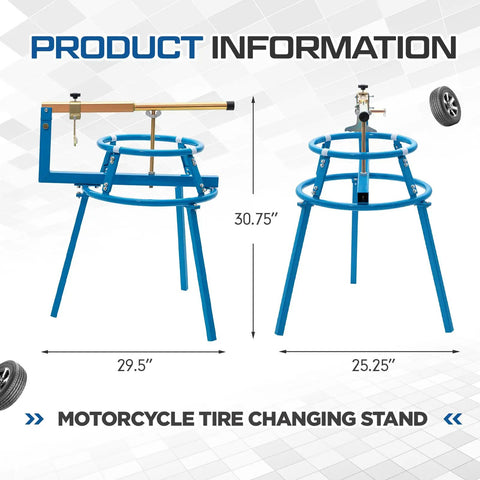 Heavy Duty Pro Grade Motorcycle Tire Changer Stand For 16 To 24 Inch Tires with adjustable bead breaker shown front and side view