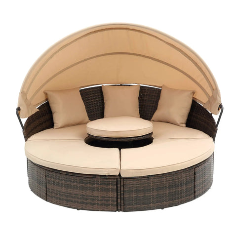Retractable Outdoor Patio Round Wicker Rattan Daybed With Lift Table And Washable Cushions For Sun Drenched Lounge Sofa That Hits Different On Your Backyard Oasis