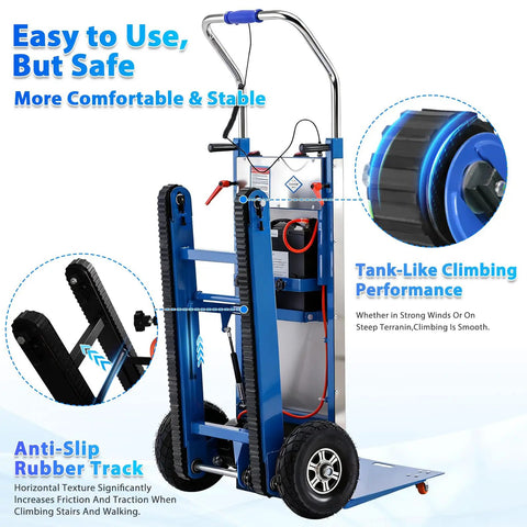 Electric Stair Climbing Dolly With 1250W Motor And 900 Lb Max Load Capacity showing telescopic handle and anti-slip rubber track.