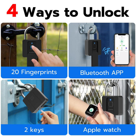 Fingerprint Padlock With Bluetooth Key Backup Heavy Duty Waterproof Lock on fence and gate, showing unlock methods.