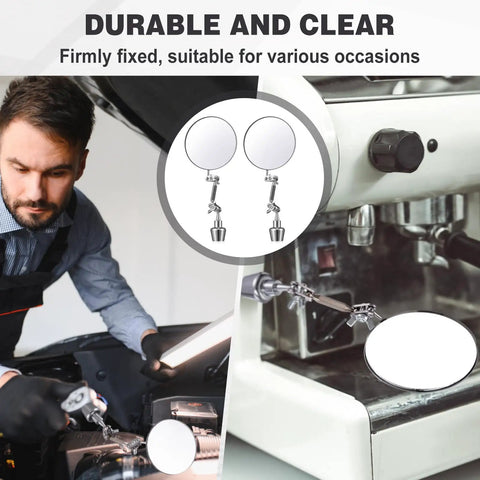 Two 3.15 Inch Round Inspection Mirrors With Magnetic Base And Swivel Ball Joint, used for car and coffee machine maintenance.