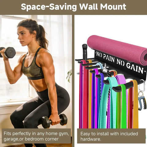 Heavy Duty Wall Mounted Gym Rack With Eight Hooks For Home Workout Gear Storage holding fitness bands and yoga mat