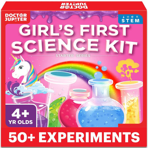 Girls Science Kit For Ages Four To Eight With Over 50 Experiments STEM Toy For Learning And Discovery Easter And Birthday Gift Idea Educational Projects That Spark Problem Solving, colorful box with unicorn and beakers