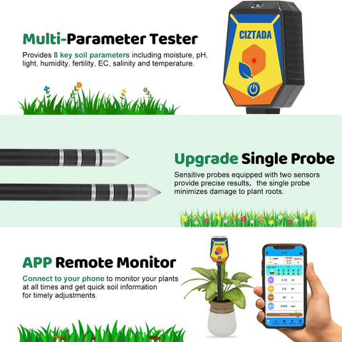 8 In 1 Smart Soil Meter For Moisture PH Light Humidity Fertility EC Salinity And Temperature With Handy App Monitor