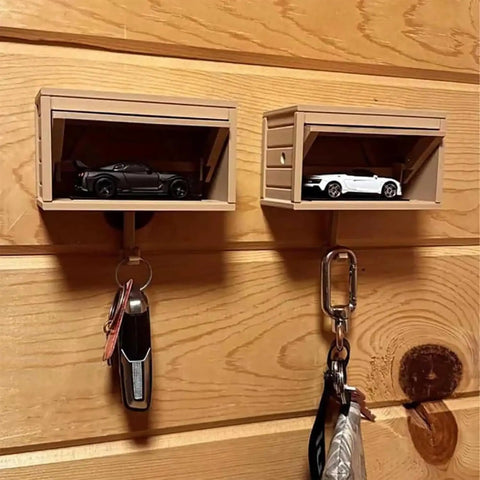 Two Pack Car Garage Key Holder With Opening Door, Adhesive Wall Mount Key Rack Organizer on wood wall