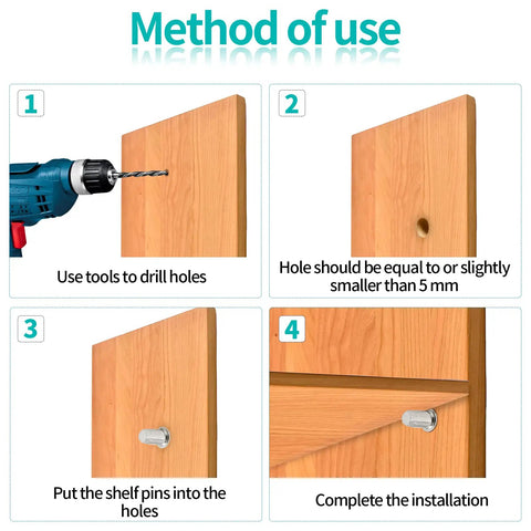 Method of use for Slick Nickel Plated Iron Shelf Pins For Kitchen Cabinets And 50 Pack Of 5mm Heavy Duty Drawer Supports installation.