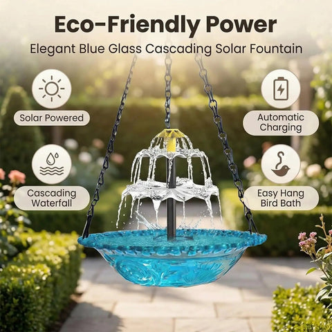 Solar Hanging Bird Bath Fountain With Three Layer Cascade, blue glass, eco-friendly, solar-powered, wire-free outdoor use