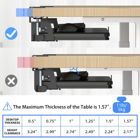 Correct and incorrect installation of Under Desk Keyboard Tray With C Clamp Mount, Slide Out Keyboard And Mouse Platform on desk.