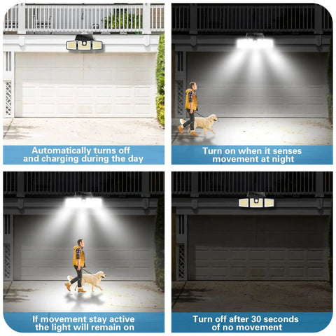 2 Pack Solar Flood Lights For Exterior Porches And Garages Featuring Adjustable Triple Heads And Quick Trigger Motion Sensors That Deliver Wire Free Illumination During Tailgate Nights Or Walks