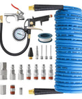19 Piece Air Compressor Accessories Kit with 25 Foot Recoil Poly Hose, 150 PSI Tire Inflator Gauge, Blow Gun, and Nozzles.