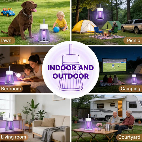 Collage showcasing USB rechargeable Indoor Outdoor Mosquito Zapper Bug Killer Lamp in various settings like lawn, bedroom, camping.