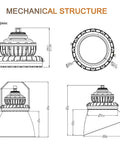 Mechanical structure diagram of 100W LED Explosion Proof Floodlight 13500LM Heavy Duty Dimmable with dimensions.
