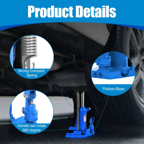 Product details of Heavy Duty 2 In 1 Hydraulic Bottle Toe Jack With Savage 10 Ton And 5 Ton Capacity showing strong compact spring and thickened base.