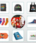 Collage of Christmas-themed products including a notebook, hat, tote, socks, sneakers, sleep mask, jeans, pillow, and Santa with kids.