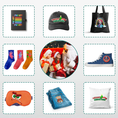 Collage of Christmas-themed products including a notebook, hat, tote, socks, sneakers, sleep mask, jeans, pillow, and Santa with kids.