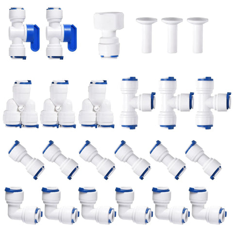 Plug And Play Three Eighths Inch OD Quick Connect Water Tube Fittings For RO Systems No Tools Needed Push In Tee Ball Valve L Connector Y Adapter Faucet Connection End Caps White 24 Pack
