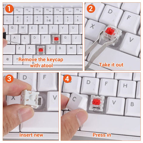 Steps to install 30 Pcs Red Mechanical Keyboard Switches With Clip, 3 Pin, Clicky Tactile Feel, dustproof on LED keyboards.