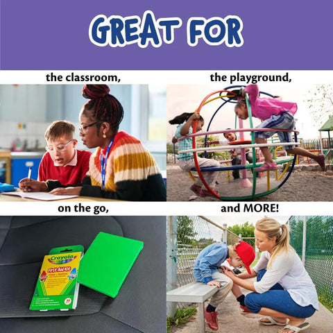 Crayola First Aid Kit, 30 pieces, green case; shows kids in classroom, playground, and travel use.