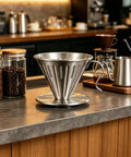 Reusable Stainless Steel Coffee Dripper For Pour Over Coffee, Large V Shaped Filter With Handle on kitchen counter