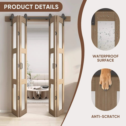 Bifold Glass Barn Door Kit With Hardware 3 Panel Frosted Glass Slab In Brown Wood Grain PVC Water Resistant Finish 48x84 Inches
