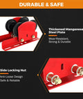 Electric Hoist Manual Trolley for 1.96 to 6.69 Inch I Beams Wide Flange 1 Ton Capacity, manganese steel, side view close-up.
